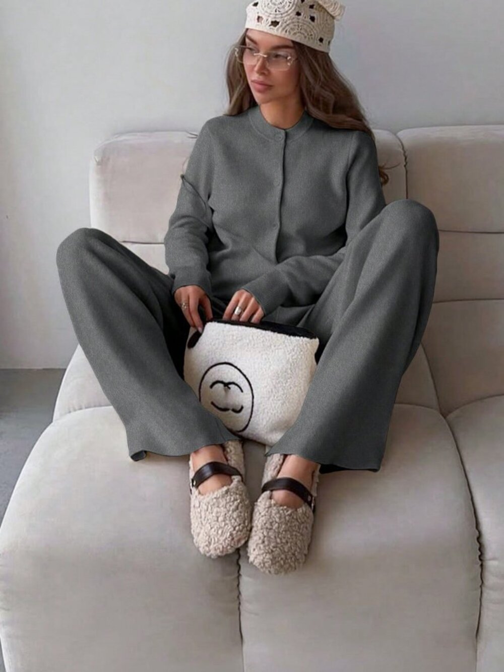 Dark Grey Regular Fit Women's Button Front Long Sleeve Knit Cardigan & Pants set